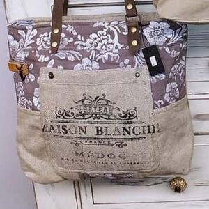 Crosstree Lane Tan Burlap Taupe Floral Double Handle Parisian Style Market Tote